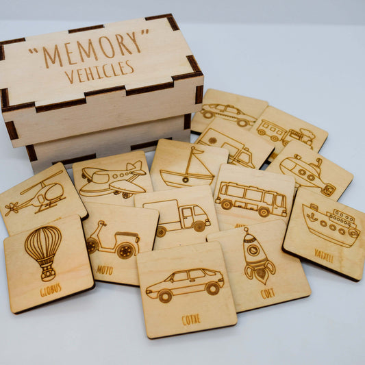 Juego de memoria infantil personalizado de vehículos con fichas de madera - detalle de fichas - Creative Laser