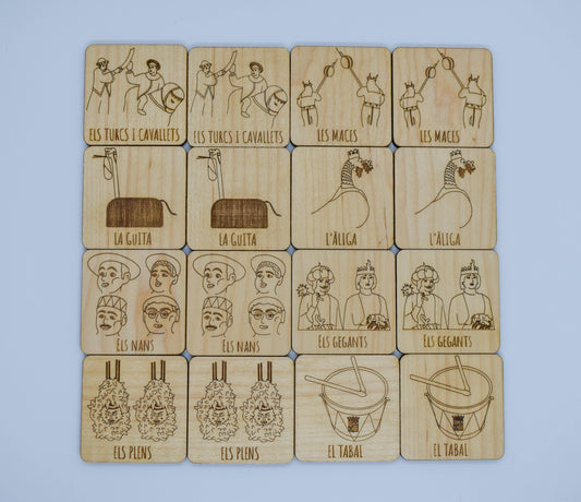 Juego de memoria infantil personalizado de Patum con fichas de madera - detalle de fichas - Creative Laser