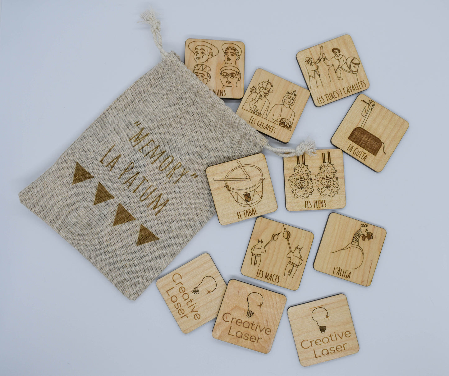 Juego de memoria infantil personalizado de Patum con fichas de madera - vista general - Creative Laser