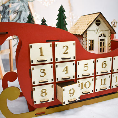 Calendario de Adviento de madera en forma de trineo cajón abierto