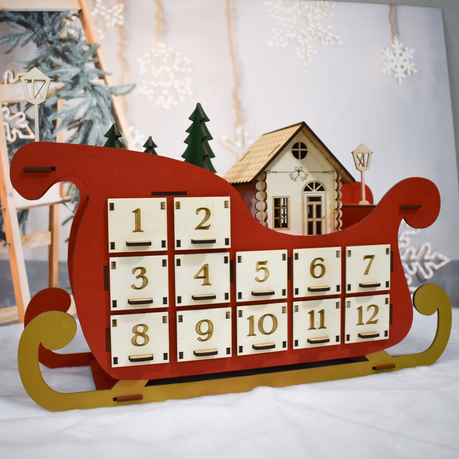 Calendario de Adviento de madera en forma de trineo con 24 cajones