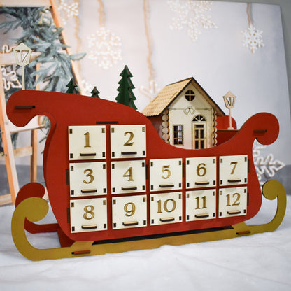 Calendario de Adviento de madera en forma de trineo con 24 cajones