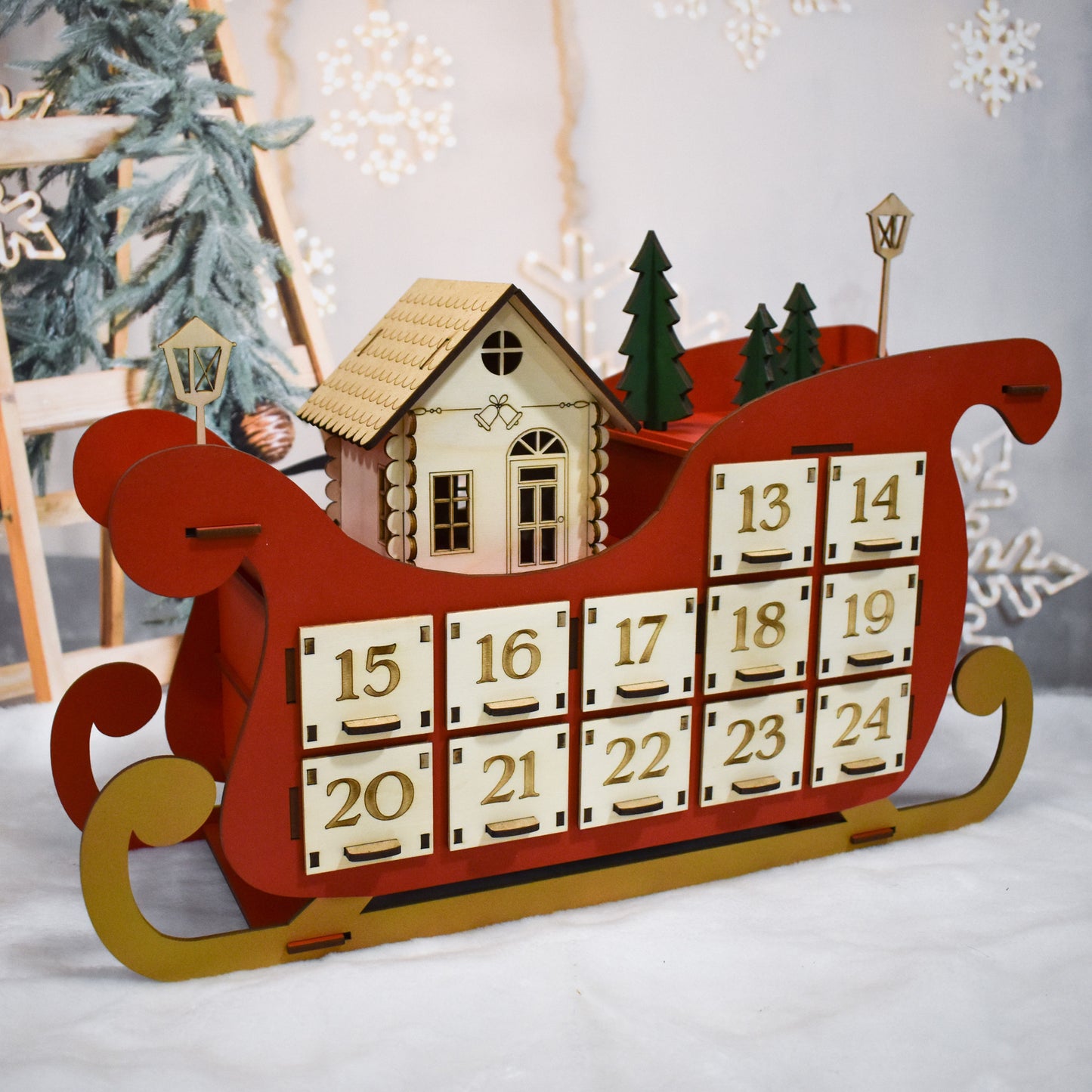 Calendario de Adviento de madera en forma de trineo 